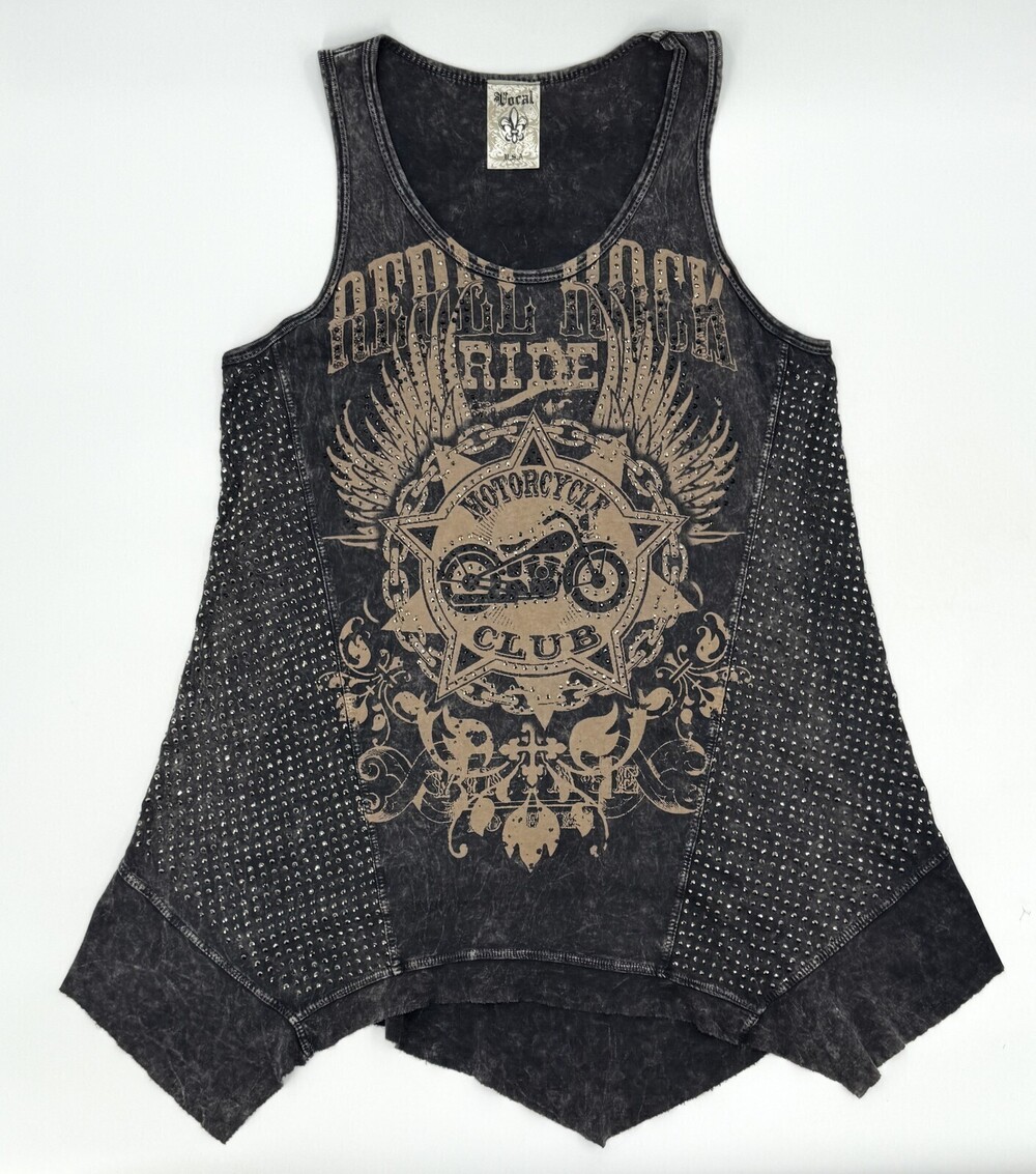 Vocal Shirt Womens Medium Black Studded Motorcycle Club Tank Top Distressed USA